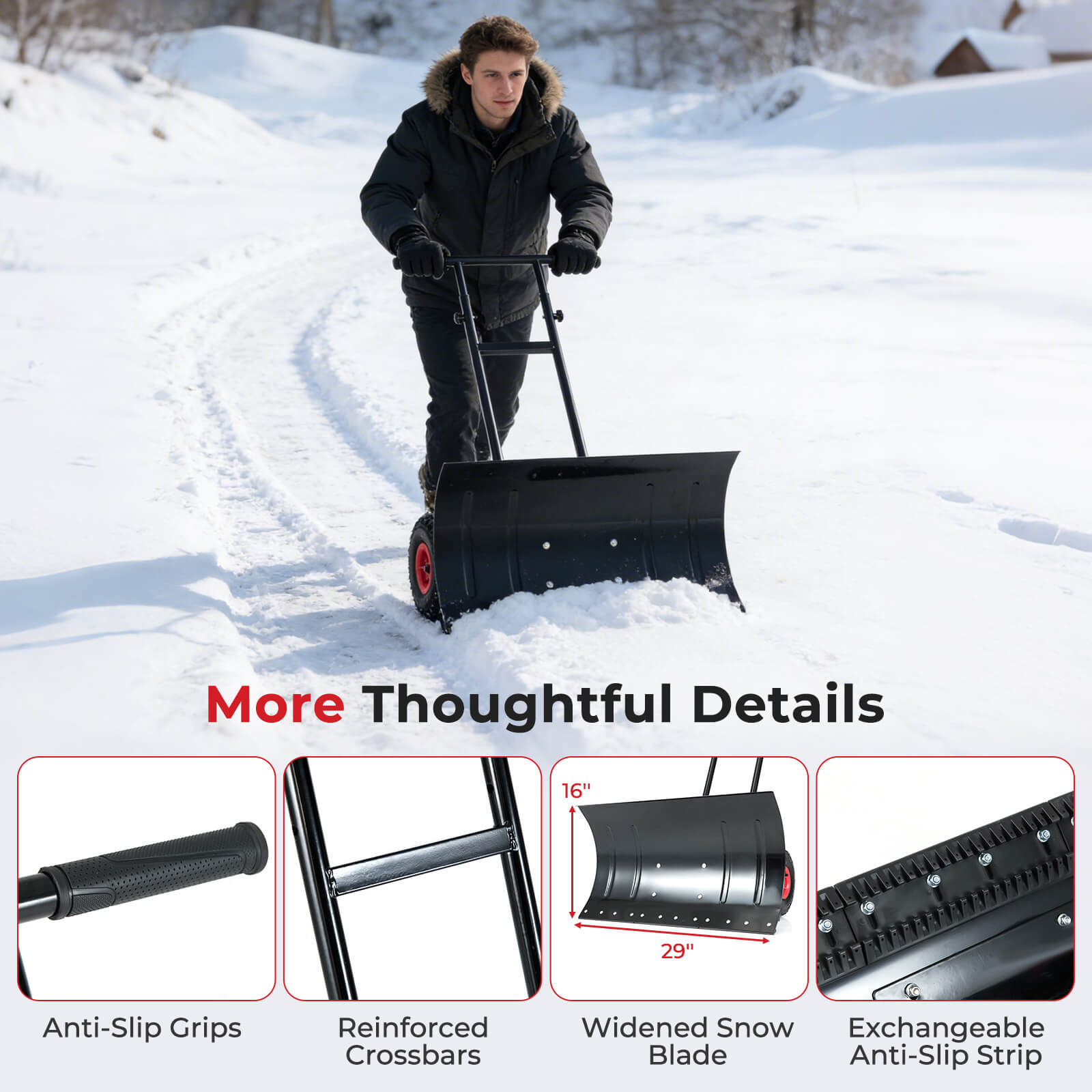 Costway 29” Snow Pusher with Wheels, Adjustable Handle 7-Position