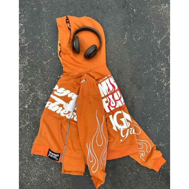 Sudadera de moda de calle alta Harajuku Hip-hop Rock con tres cremalleras de gran tamaño para mujer Y2k con bordado de letras informal con cremallera para hombre