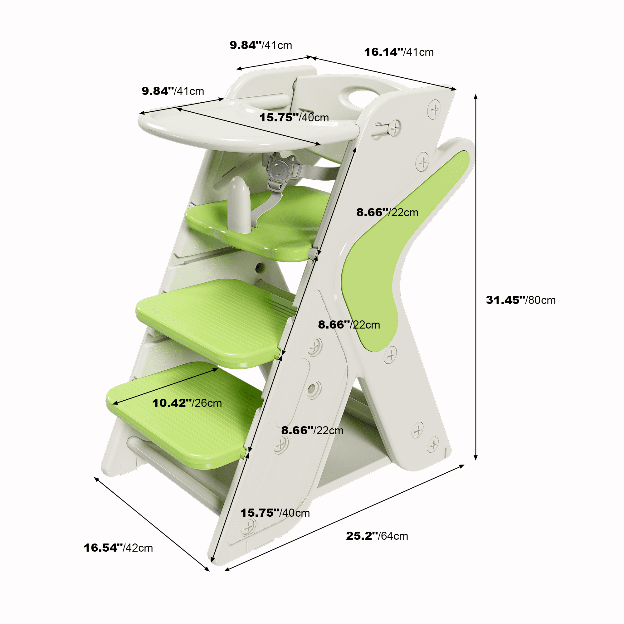 Wohh 3 in 1 Multi Functional Growing Up Dining Chair for Eating, Convertible Baby High Chair Toddler Learning Tower & Step Stool, Adjustable Height with 5-Point Harness, Removable Tray(Green)