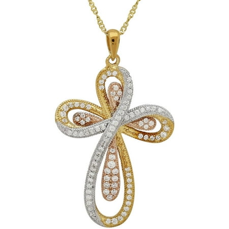 Cubic Zirconia Sterling Silver and 18kt Gold-Plate Swirl Cross Pendant, 18