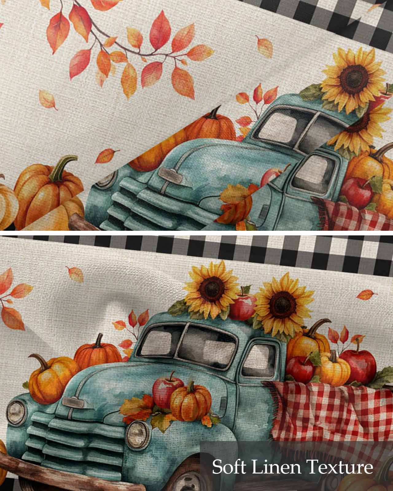 Thanksgiving Pumpkins Kitchen Valances for Windows Farmhouse Linen Window Valance Curtain for Living Room Window Treatment Fall Sunflowers Truck Branch Retro Valance Rod Pocket Topper, 42 x 18 Inch