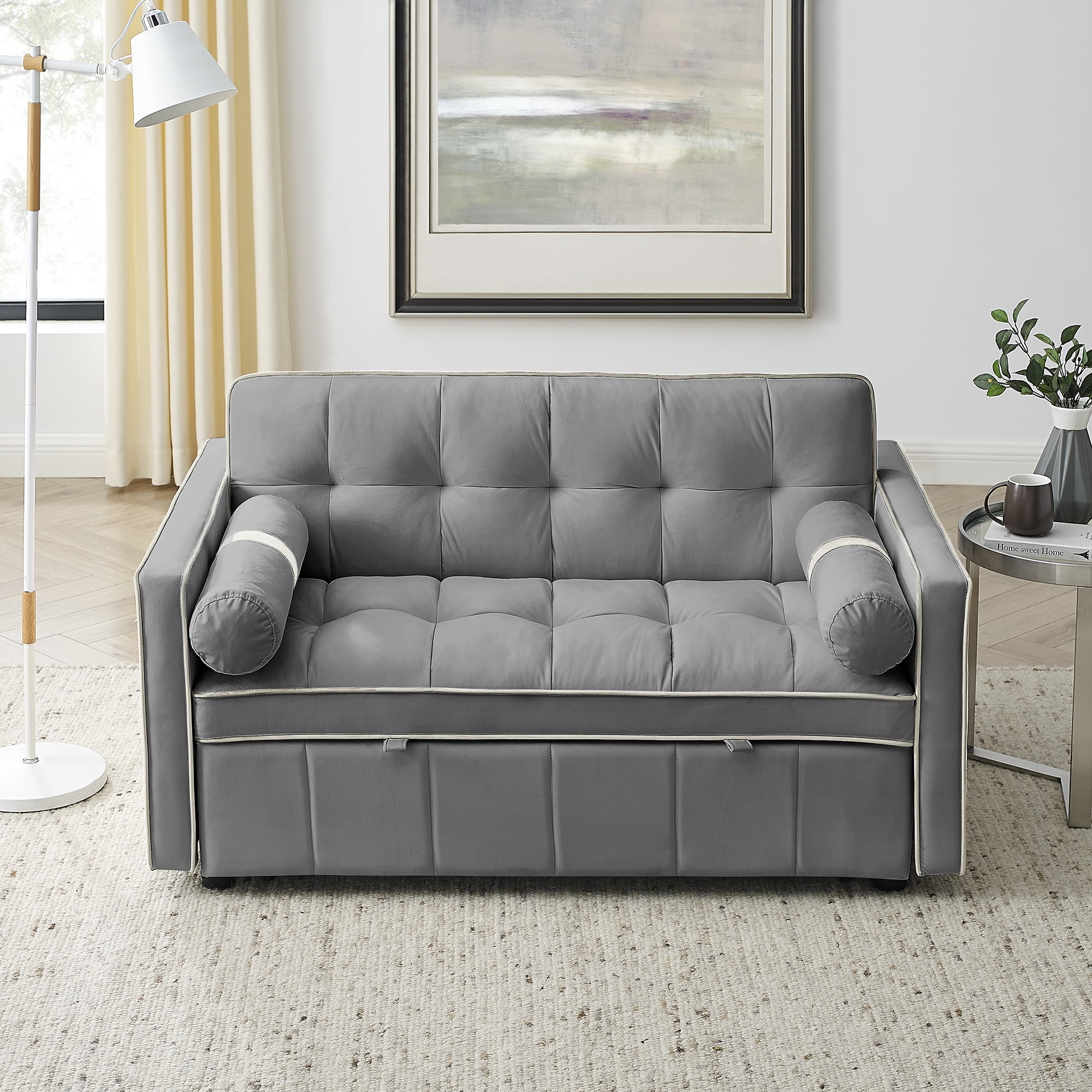 Muumblus 55" Pull Out Sofa Bed - Tufted Velvet Convertible Loveseat Sleeper Sofa Couch for Living Room, Gray