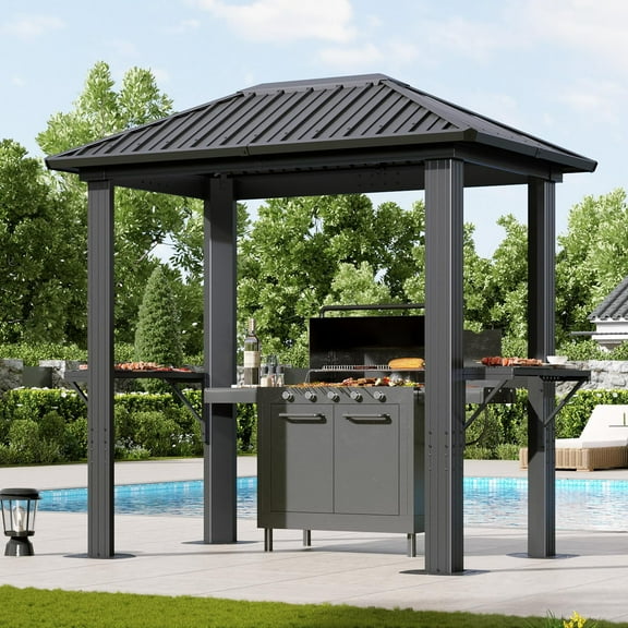 Aoxun Grill Hardtop Gazebo 5 x 8 FT, Outdoor Metal Hard Top Gazebo, Permanent BBQ Gazebo with Galvanized Steel Roof, Aluminum Pavilion with Shelves for Lawn, Garden, Patio, Backyard