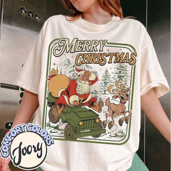 Merry Christmas Comfort Colors T-Shirt, Christmas Tree Shirt, Cute Xmas Gifts, Retro Santa Claus