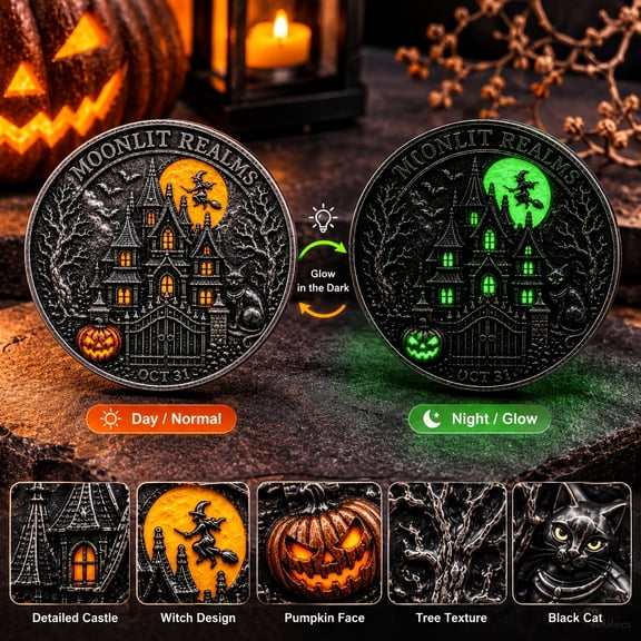 Double-Sided 3D Halloween Metal Medallion with Glow in the Dark Haunted Castle & Pumpkin Relief, 40mm Spooky Party Decoration, Gift for Halloween Costume Accessories and Party Favor Bags