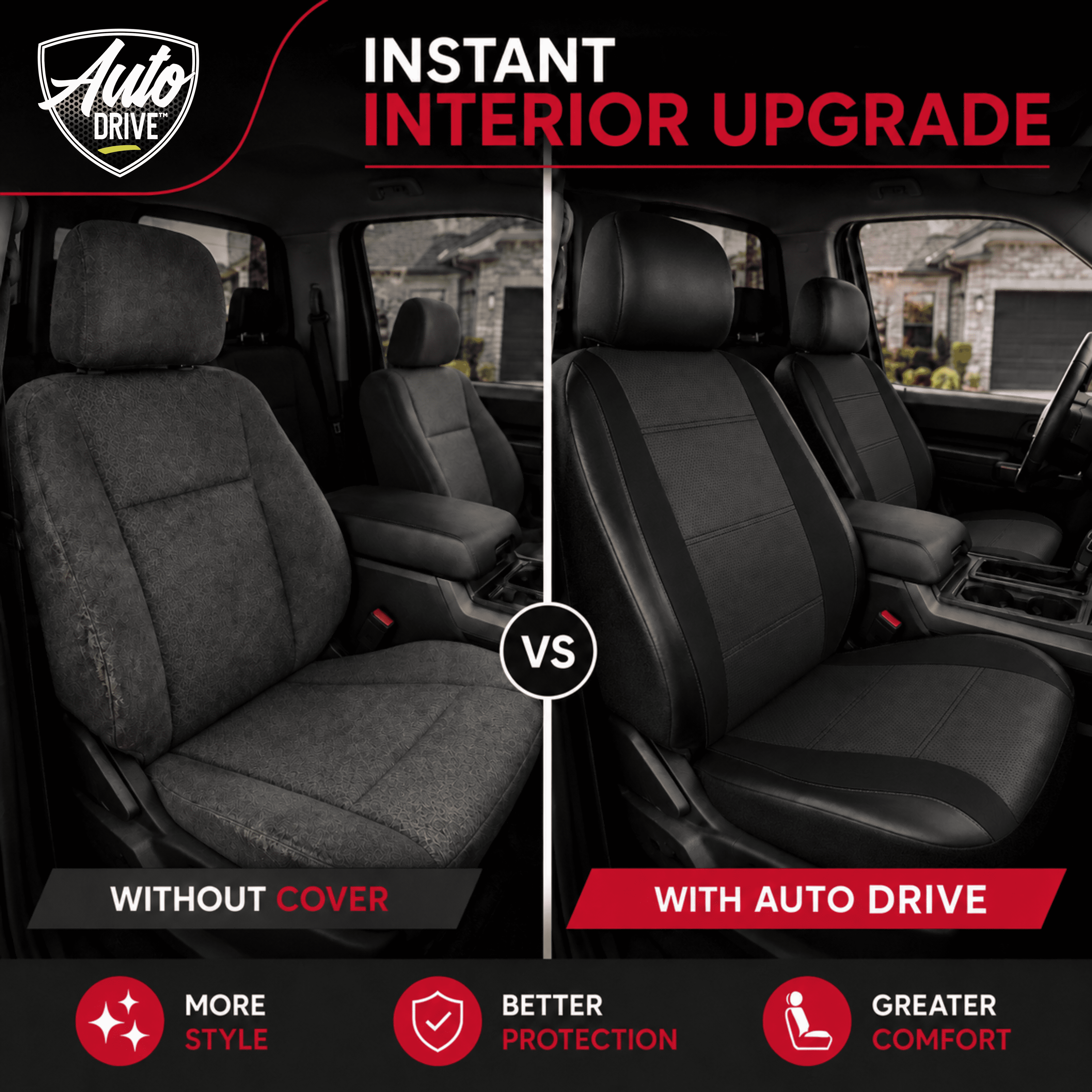 Auto Drive Car Seat Covers, Two-Tone Fabric Front Seat Protector, Breathable Comfortable, Anti-Slip Airbag Compatible Universal Fit for Cars SUVs Trucks,Black