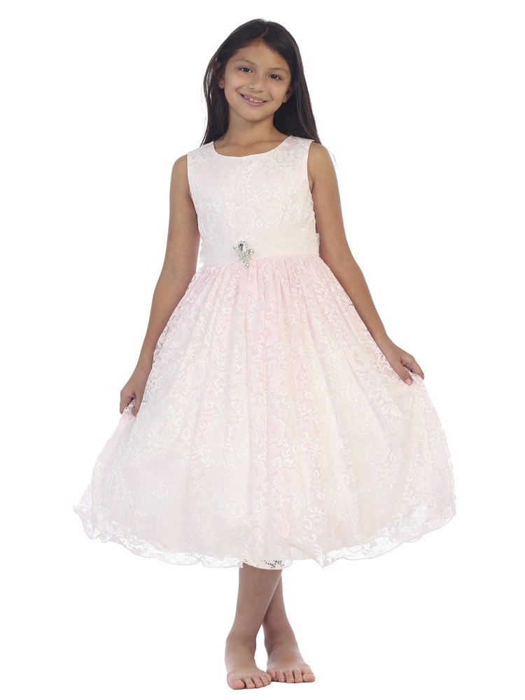 Tip Top Kids Little Girls Pink Lace Overlay Rhinestone Brooch Flower