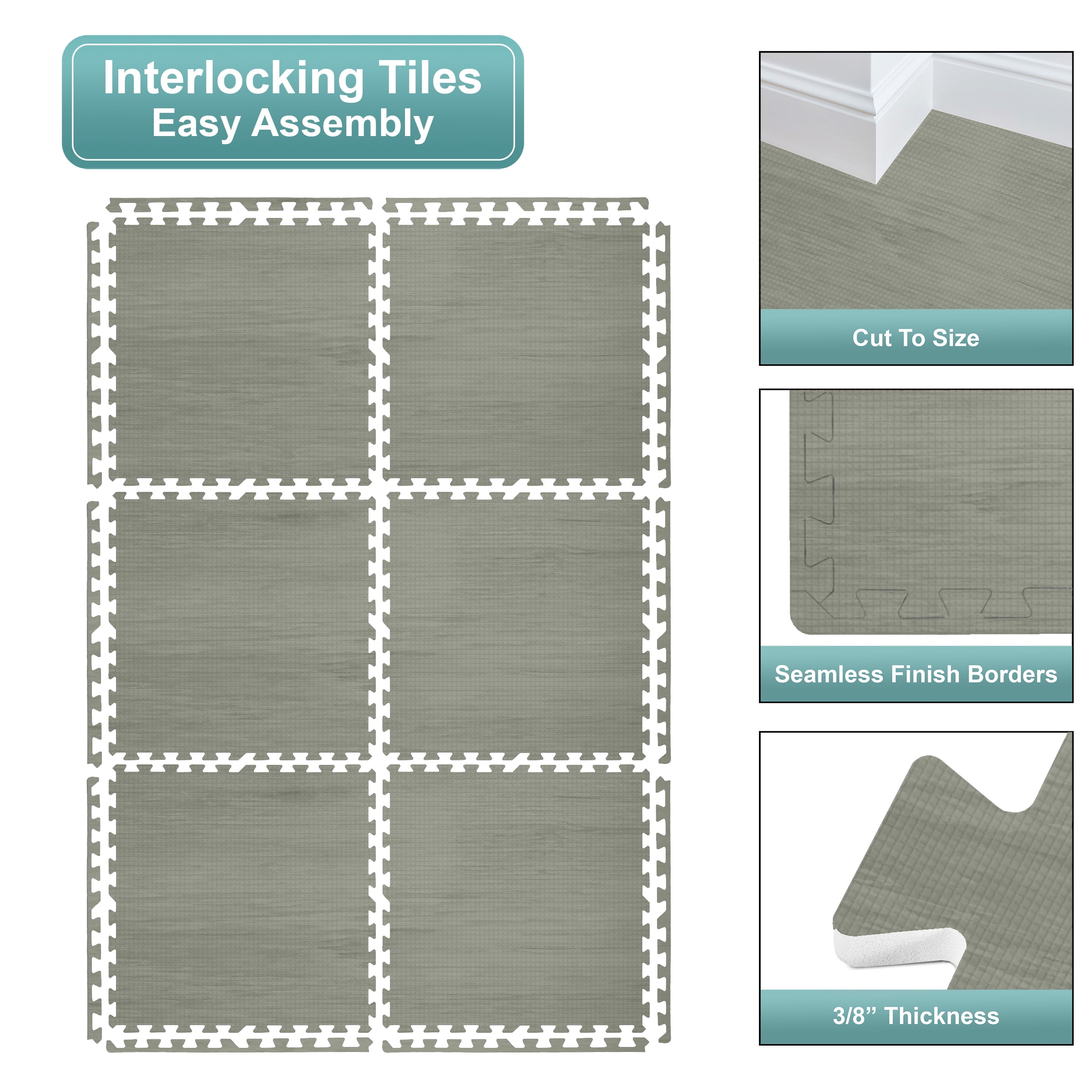 Sorbus Waterproof Wood Grain Foam Floor Tiles, 24 Tiles, 96 Sq Ft, Interlocking, Gray