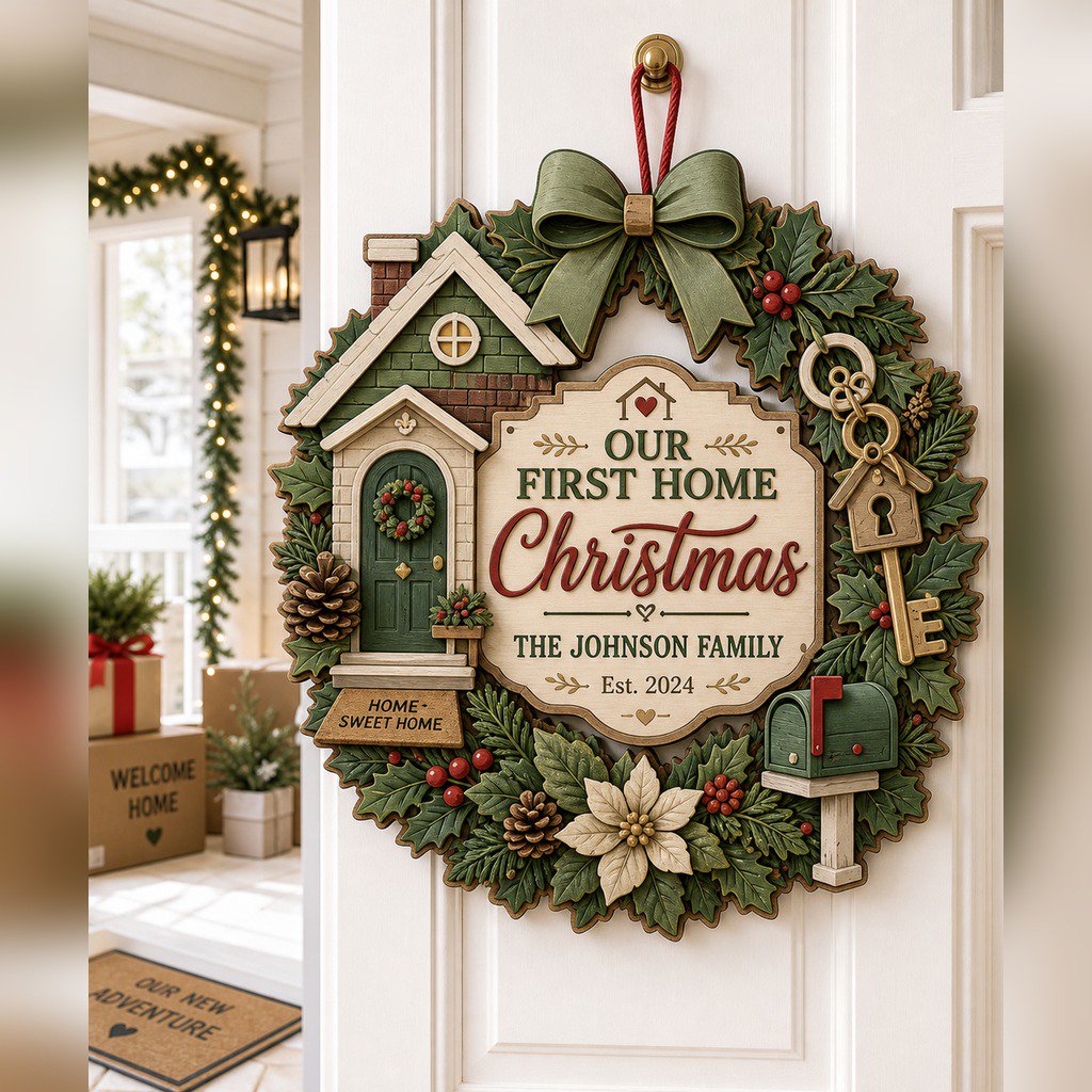 Personalized First Home Christmas Wooden Door Sign for Festive Entryway and New Home Gift