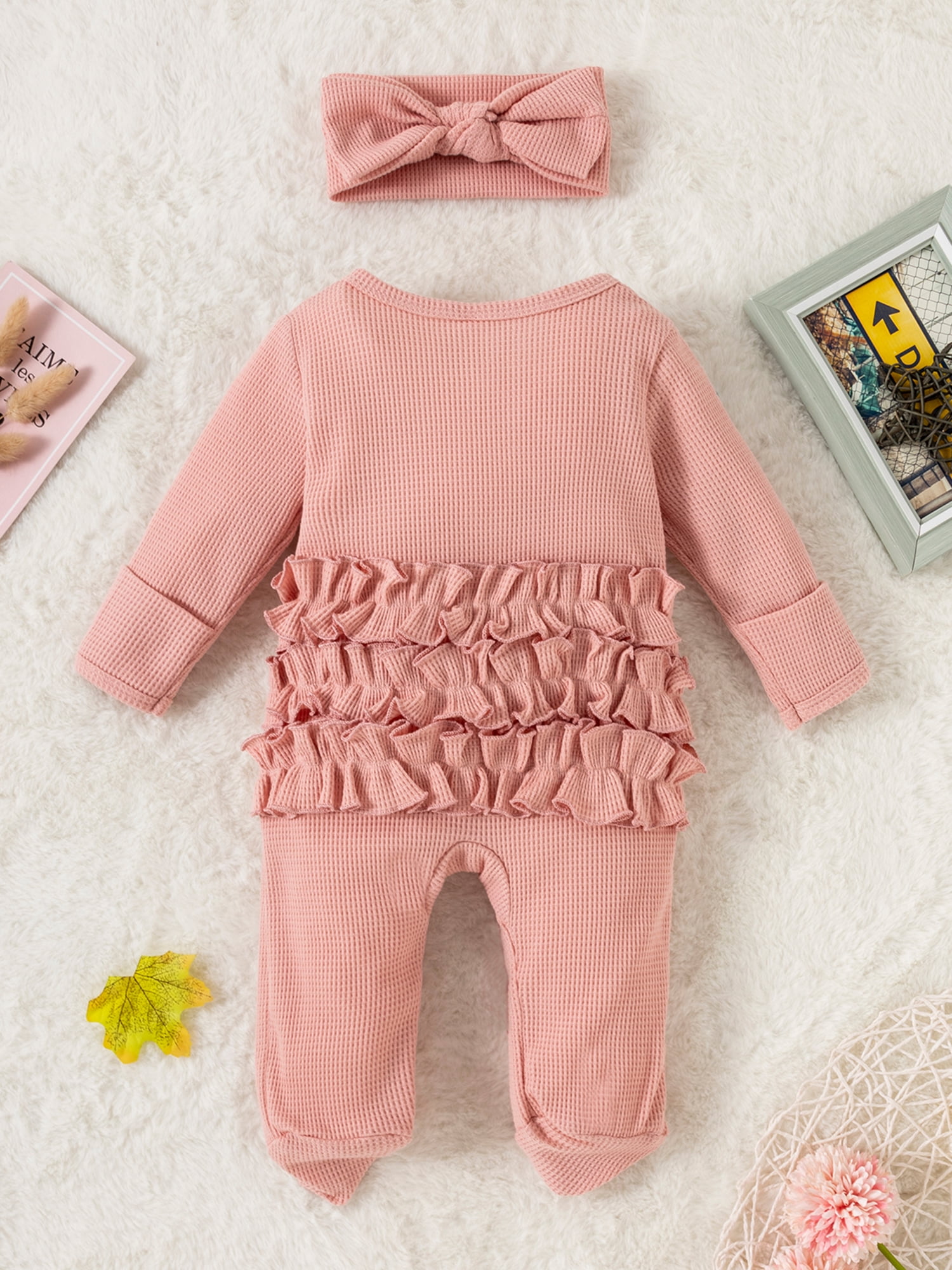 Newborn Baby Girl Ruffle Romper Knit Sweater Onesie Jumpsuit Long Sleeve Zipper Onesie Solid Fall Winter Outfits