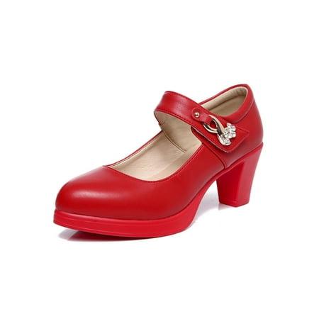 

Colisha Ladies Dress Pump Shoes Pointed Toe High Heels One-strap Pumps Wedding Comfort Work Shoe Chunky Mary Jane Red 5CM 5