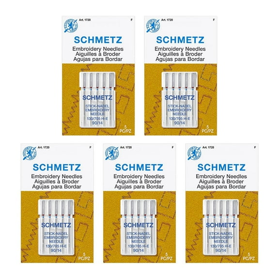 SCHMETZ Embroidery Sewing Machine Needles - Precision Needles, Size 90/14, 5-Needle Cards, Pack of 5 C33