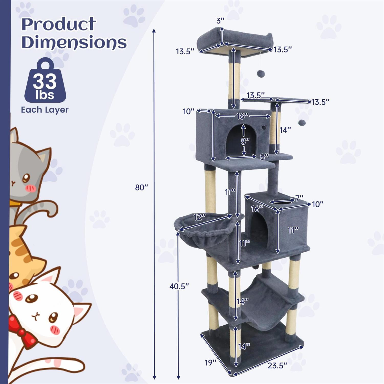 Pefilos 80" Tall Cat Tree, 2 Large Condos & Dangling Toys, Padded Top Perch & Sisal Posts, Dark Gray