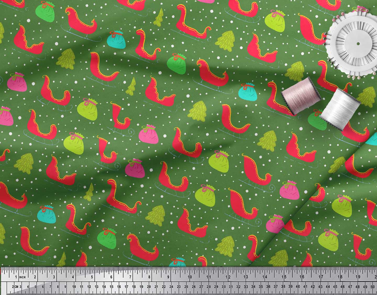 Soimoi Green Cotton Voile Fabric Santa Bag,Tree & Sleigh Christmas Print Fabric by Yard 42 Inch Wide