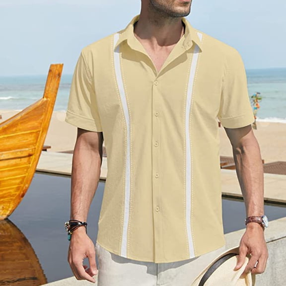 Men's Linen Shirt, Short Sleeve Camp Shirt with Button Front and Collar for Breathable Casual Comfort