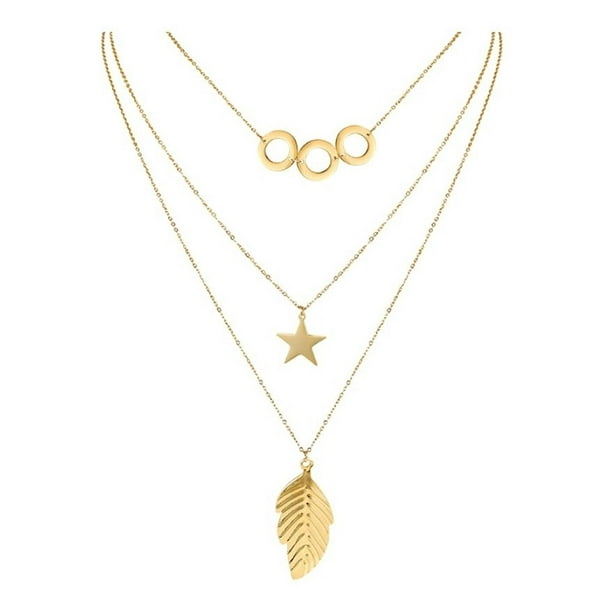COLLAR TRIPLE CON PLUMA, ESTRELLA, AROS 14K dorado Unitalla
