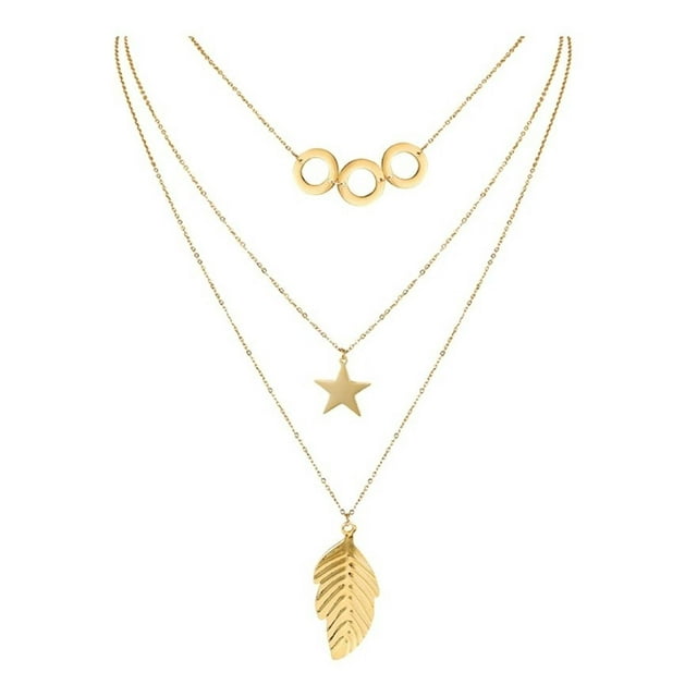 COLLAR TRIPLE CON PLUMA, ESTRELLA, AROS 14K dorado Unitalla