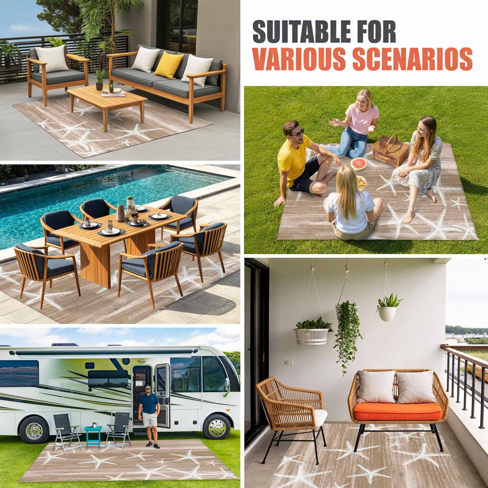 Brown Coastal Outdoor Rug for Patio/Deck/Porch, Non-Slip Large Area Rug 4 x 6 Ft, Summer Ocean Waves Ombre Sea Starfish Indoor Outdoor Rugs Washable Area Rugs, Reversible Camping Rug Carpet Runner