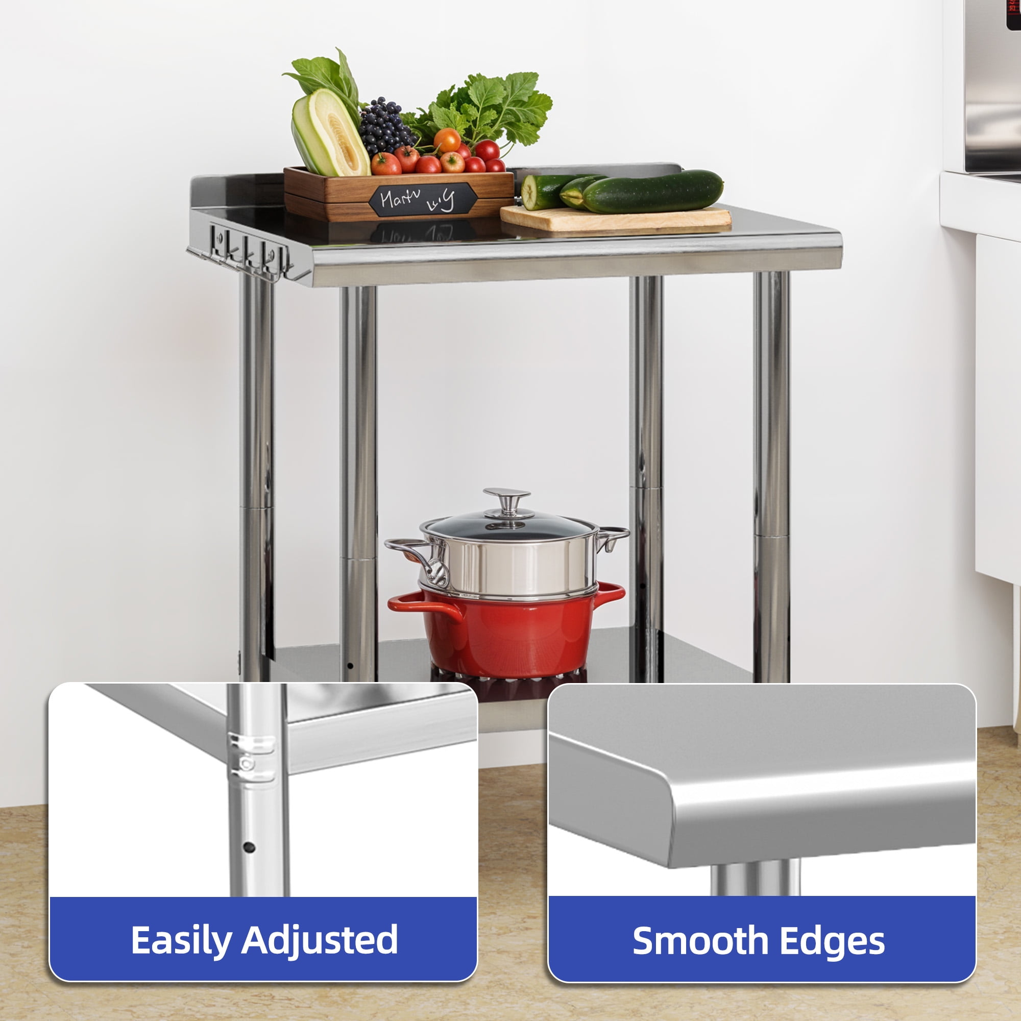 ModFusion 30" Stainless Steel Table with Hooks, Backsplash, Wheels, Adjustable Rack Shelves, Heavy-Duty Metal 840 lbs Capacity, Commercial Kitchens Workshops