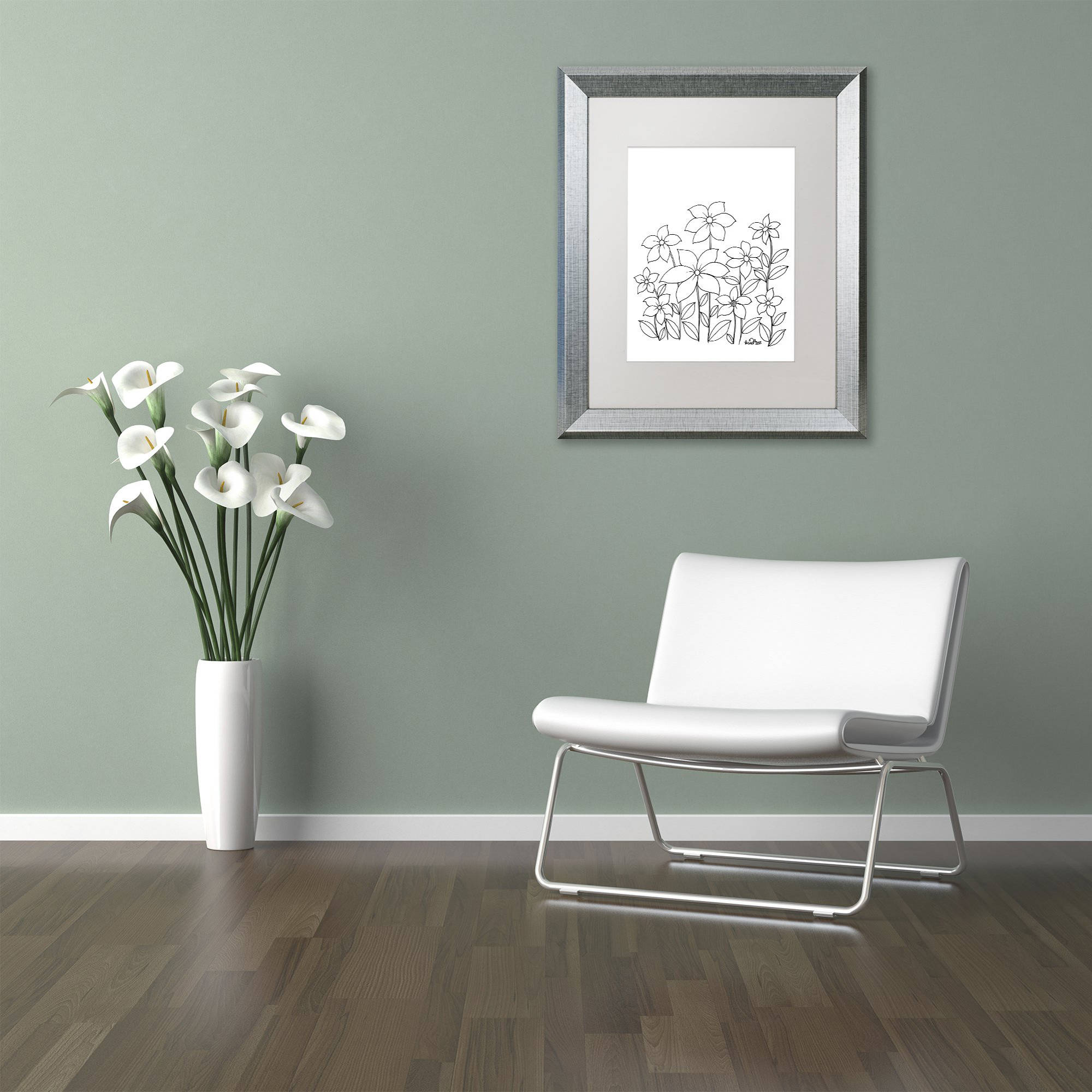Trademark Fine Art "Simple Flower Doodle 1" Canvas Art by KCDoodleArt White Matte, Silver Frame