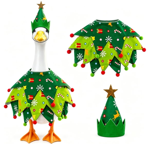 2-Piece Christmas Porch Goose Outfit, 23-Inch Porch Goose Christmas Tree Costume with Hat, Festive Goose Clothes for Lawn Garden Patio Front Porch Holiday Decor