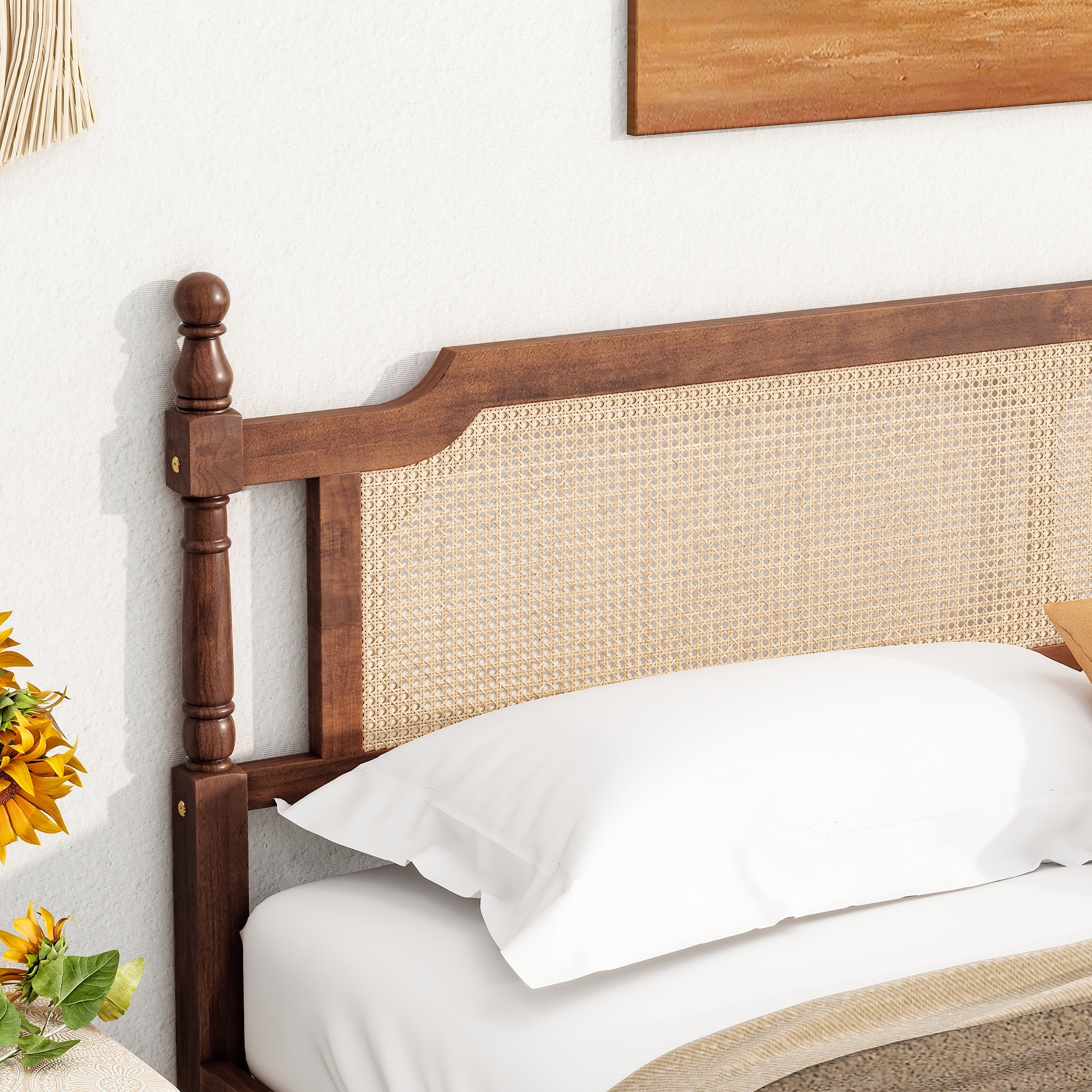 Miniyam King Size Rattan Bed with Spherical Bedposts for Adult, Walnut