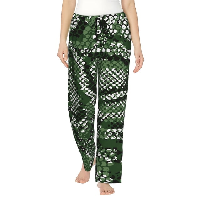 Balery Green Snakeskin Pantalones de pijama para mujer, pijamas ultraligeros, pantalones de estar por casa-Large