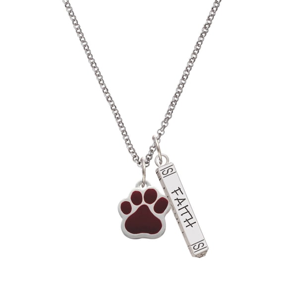 Delight Jewelry Silvertone Large Maroon Paw Silvertone Believe Faith Prayer Hope Bar Charm Necklace, 23"