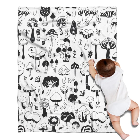 Black White Mushroom Sketch White Pattern Blanket,Comfortable Soft Flannel Throw Blanket,All Season,Warm Lightweight Blankets for Sofa Bed Couch Living Room Chair,30"x40"