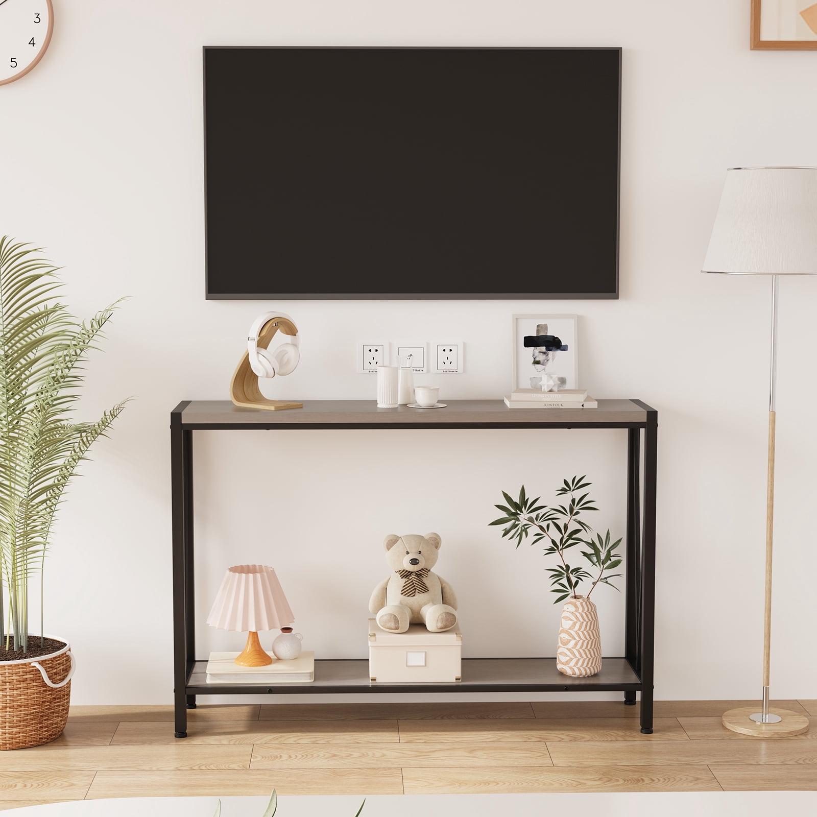 43 Inch Console Table, 2-Tier Narrow Console Sofa Side Table for Entryway Hallway Living Room, Premium Entryway Furniture for Hallway, Living Room, Foyer, Corridor, Office, in Black, Retro & Gray