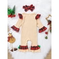 thumbnail image 3 of Seyurigaoka Infant Baby Girls Christmas Romper Snowman Letter Printing Plaid Splicing Playsuits Round Collar Flared Long Sleeve Jumpsuit + Bow Headwear, 3 of 9