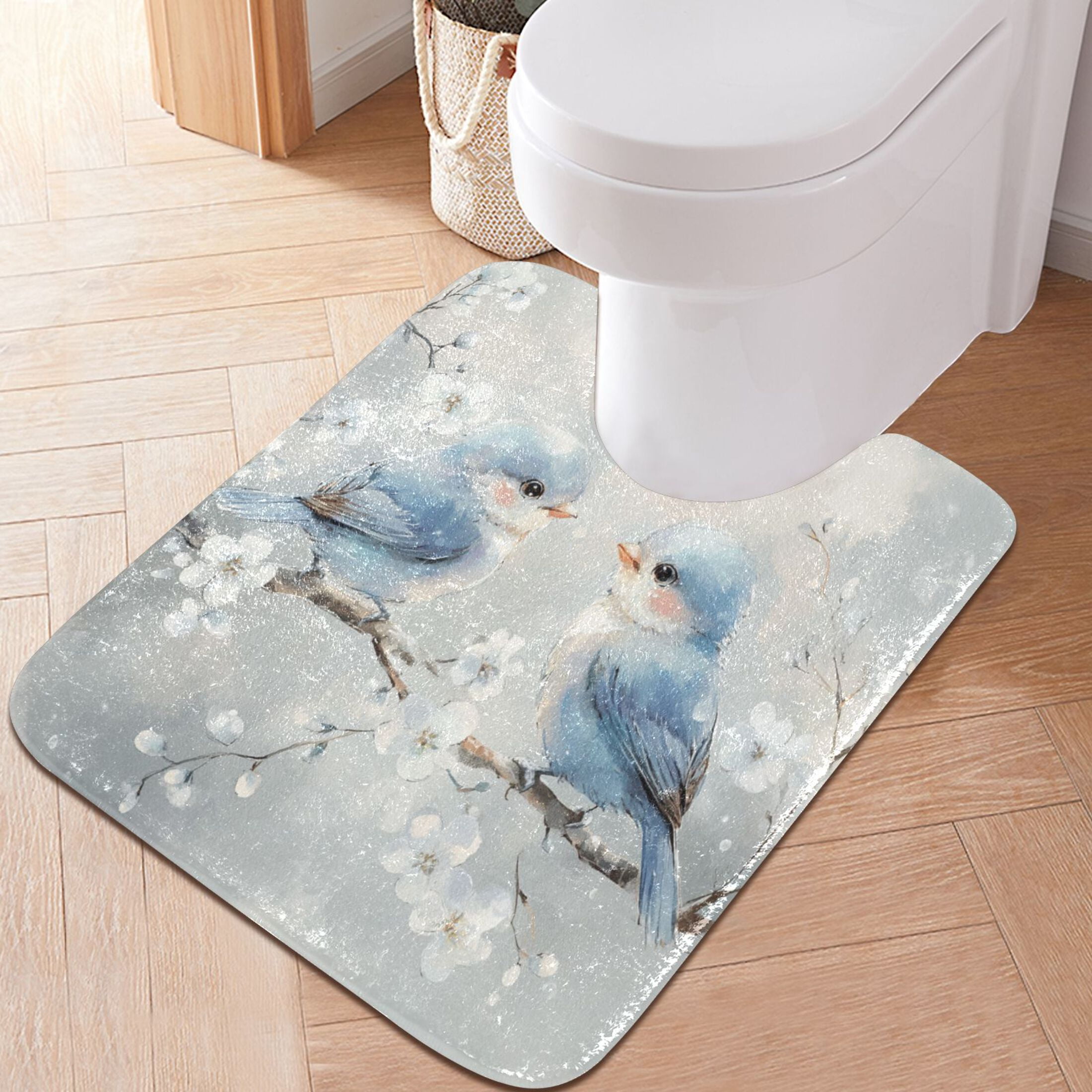 2 Piece Soft Bathroom Rug Set Cute Blue Birds Bath Mat and U-Shaped Toilet Contour Rug (16"x24"+20"x24")