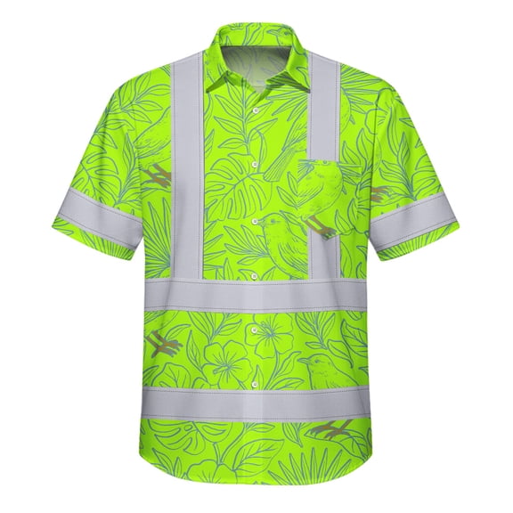 Hi Vis Hawaiian Shirt Reflective Tapes Green Grey Flowers Custom Name Safety Workwear For Workers, Truckers, Operators