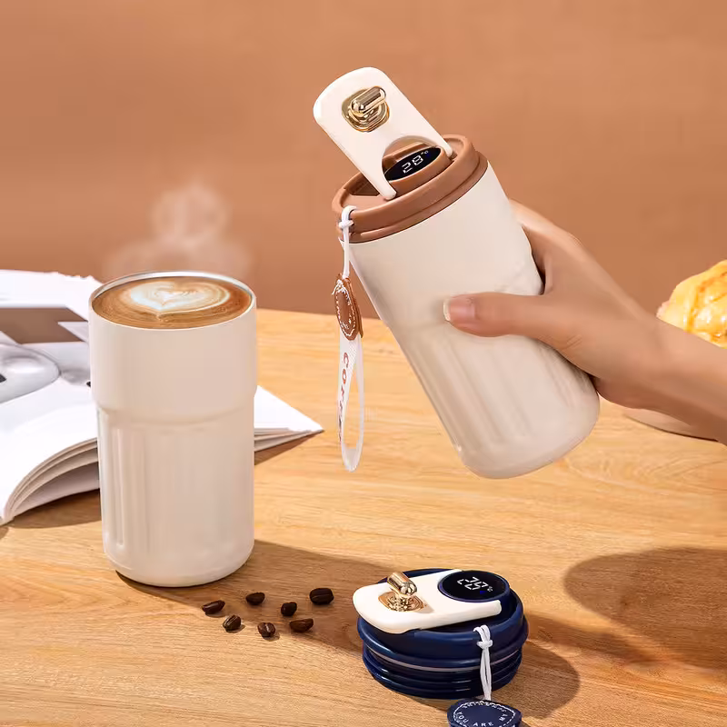 thumbnail image 2 of Tazas de café de 410 ML con tapas y pajitas a prueba de fugas, de acero inoxidable, fáciles de llevar, adecuadas para viajes de verano y uso diario 0,41 litros de moda de tazas de café, 2 of 7