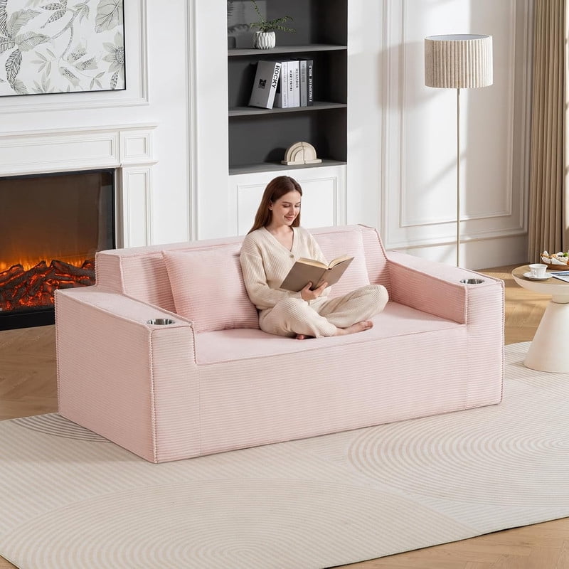 75'' Modern Boneless Loveseat Sofa Couch with 2 Cup Holders & 2 Pillows for Living Room, Corduroy Love Seat Couches with Deep Seat