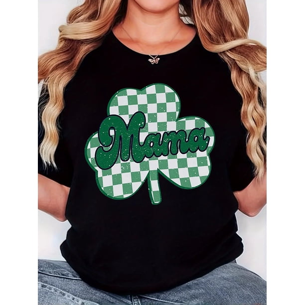 Women's Retro Minimalist "Mama" Clover Print T-Shirt - Soft, Casual Comfort Fit, Short Sleeve, Round Neck, St. Patrick's Day Design with Green Checkered Clover Graphic