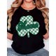 thumbnail image 1 of Women's Retro Minimalist "Mama" Clover Print T-Shirt - Soft, Casual Comfort Fit, Short Sleeve, Round Neck, St. Patrick's Day Design with Green Checkered Clover Graphic, 1 of 6