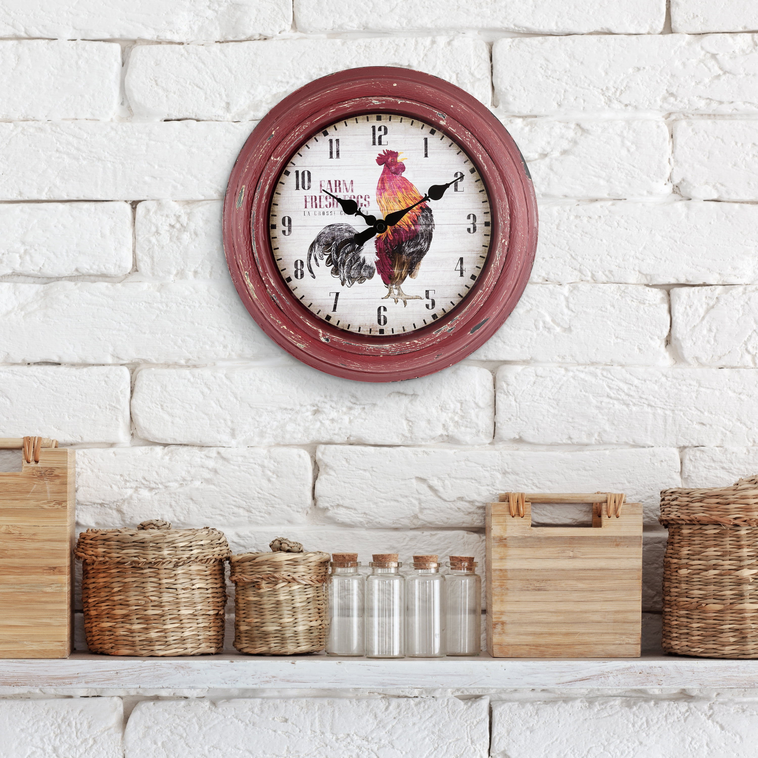 La Crosse Clock 12-Inch Red Rooster Distressed Quartz Analog Wall Clock, 404-3630