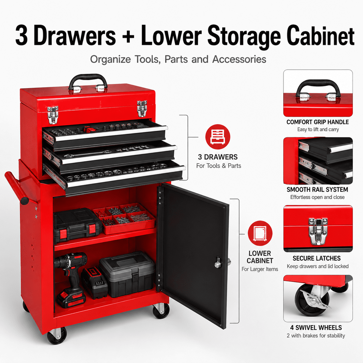 HPDAVV Detachable 3-Drawer Rolling Tool Chest, Red Metal Tool Box and Storage Cabinet with Adjustable Shelf, Locking Drawers, Side Handles and Brake Wheels for Garage Workshop