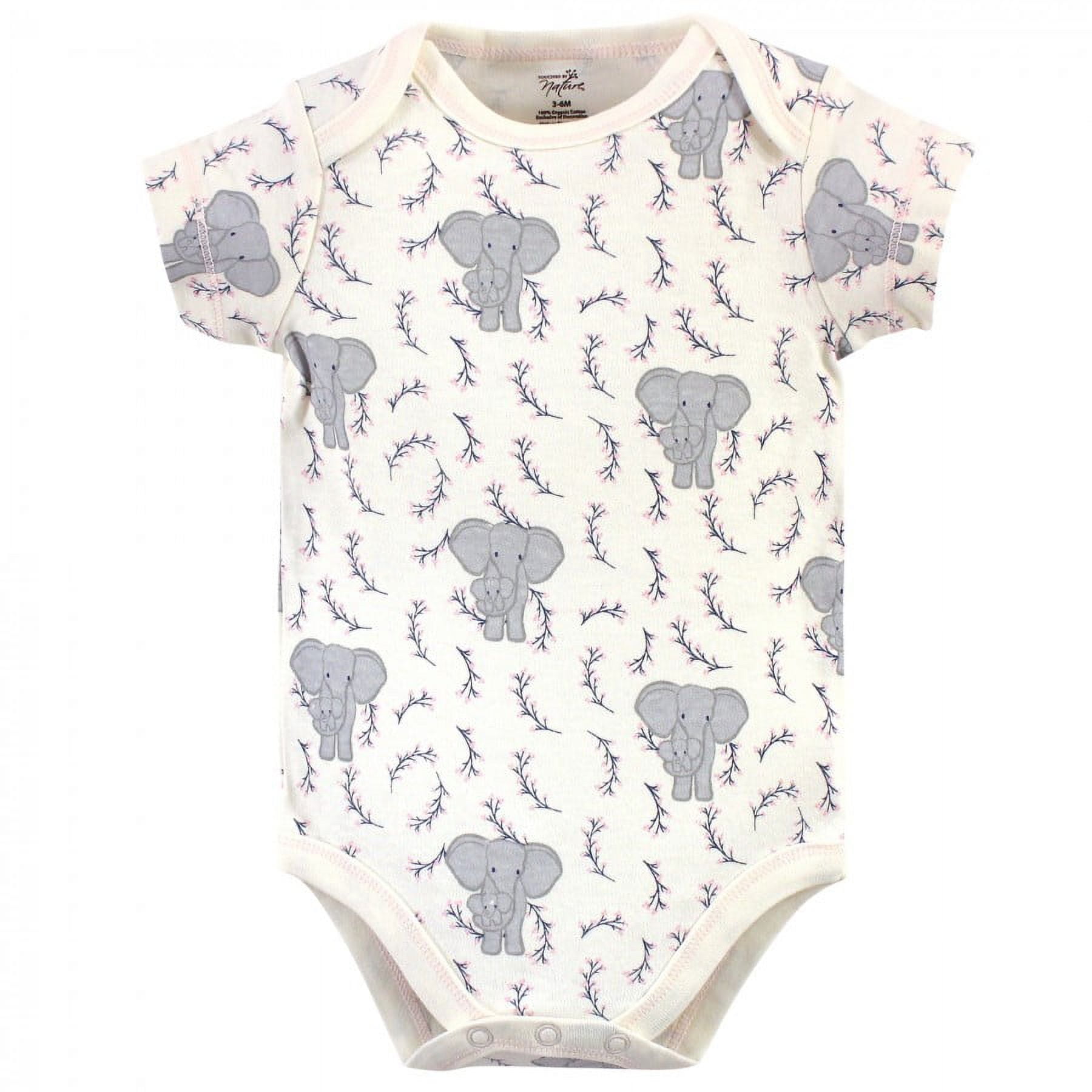 Touched by Nature Baby Girl Organic Cotton Bodysuits 5pk, Girl Elephant, 3-6 Months