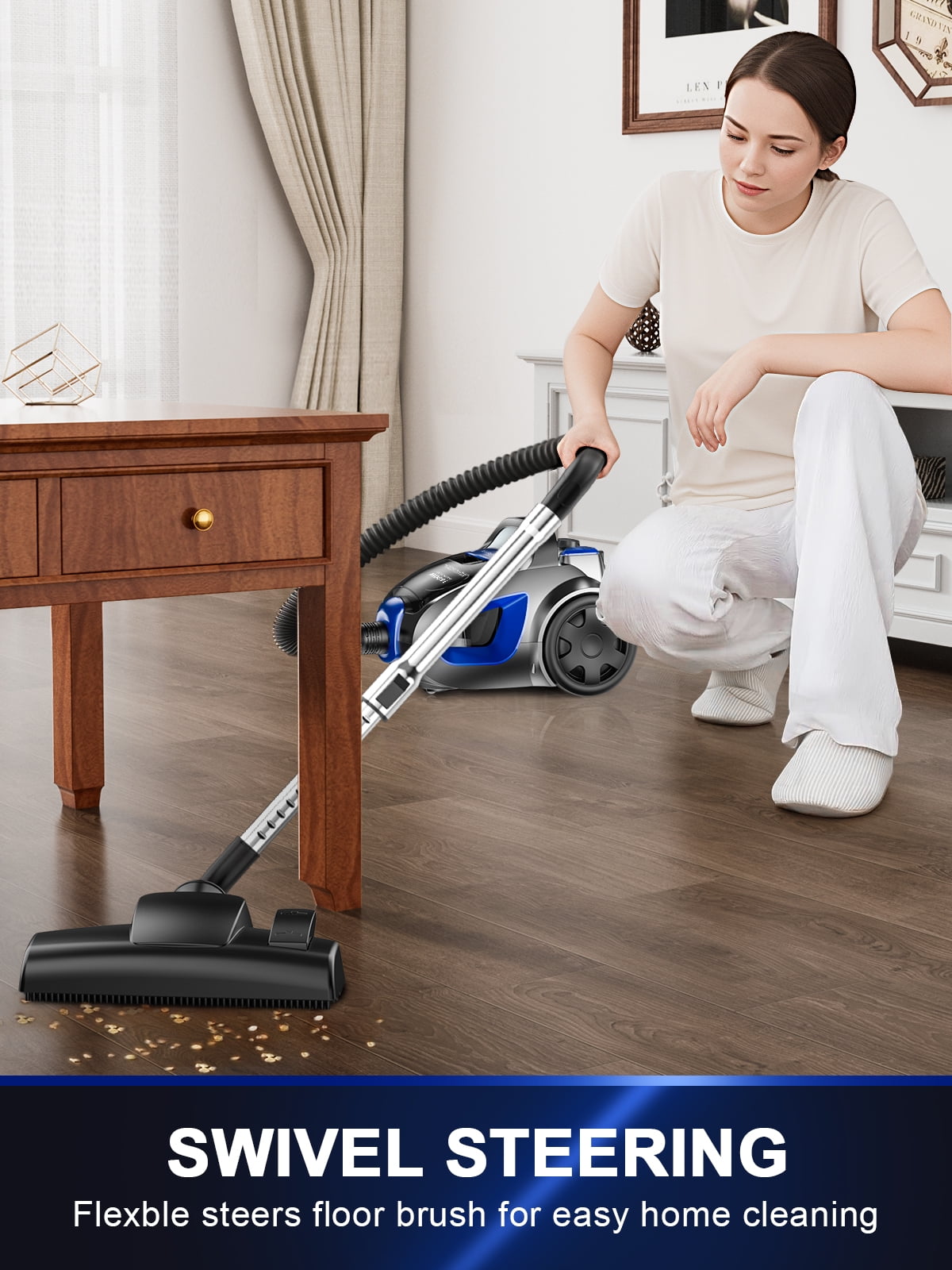 Canister Vacuum Cleaner, 32Kpa 1600W Bagless Vacuum Cleaner, Dust Full Indicator, H13 HEPA Filter, 3.7Qt Large Capacity, Lightweight Vac for Hard Floors, Carpet, Pet, Upholstery, Blue