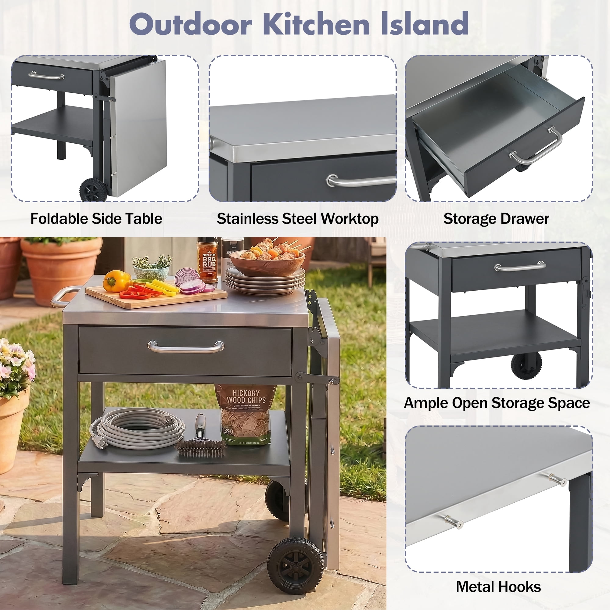 Portable Outdoor Kitchen Cart, Foldable BBQ Prep Station for Backyard Patio, Gray