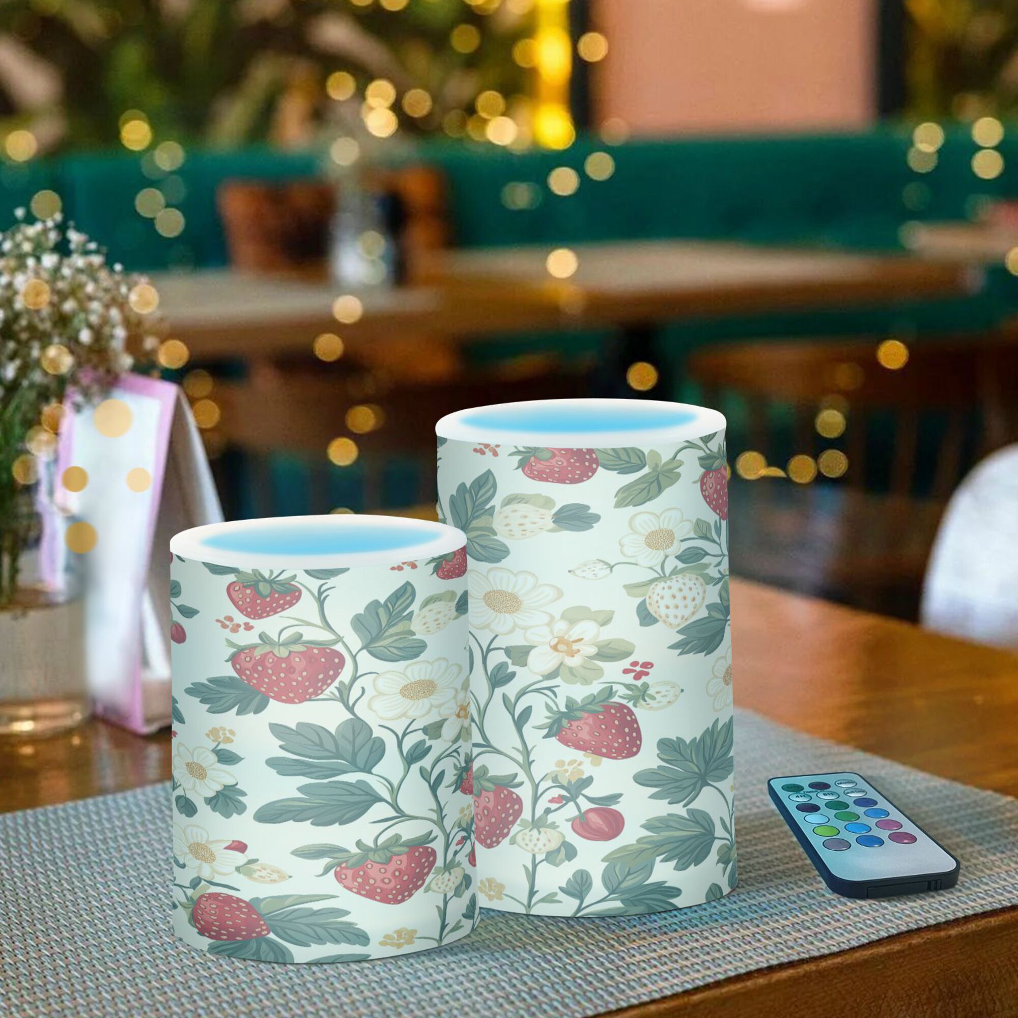 Yayeee Flameless Candles with Remote Flickering Battery Operated Multi Color Changing, Small Strawberry Pattern
