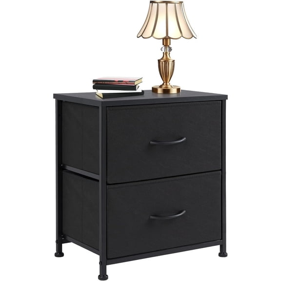 Simple Deluxe Nightstand 2 Drawers Dresser for Bedroom, 3-Tier Bedside Table with Fabric Bins, End Table for Living Room, wood top Load-bearing up to 44 lb, Black