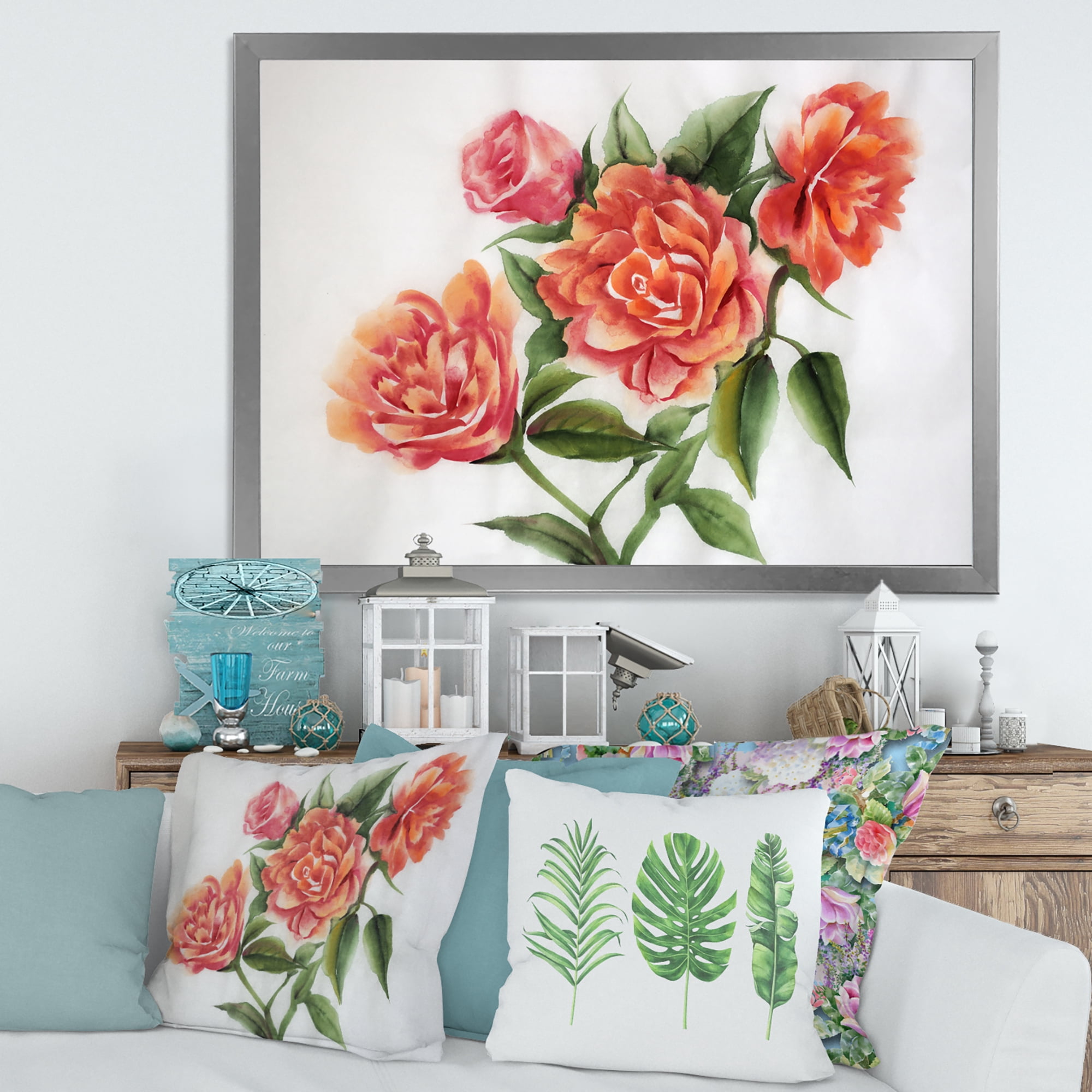 Designart 'Orange VIntage Roses With Green Leaves' Traditional Framed Art Print