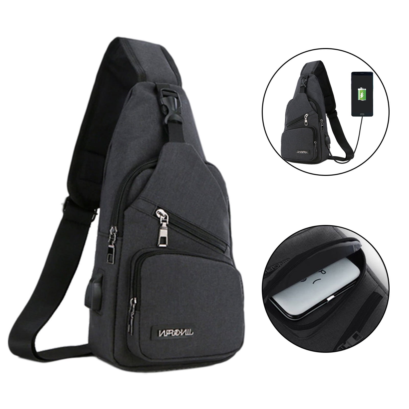 Men Women Small Sling Bag Nylon Water Resistant One Strap Backpack Shoulder Crossbody Bags with USB Charging Port Black