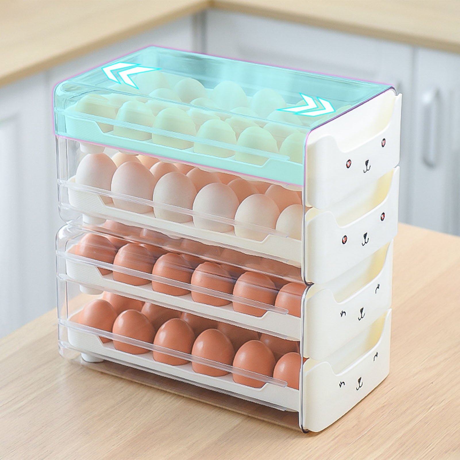 Egg Storage Double Layer Drawer Type Egg Box, Transparent Egg Container Shelf Saving Kitchen Egg Storage Box Multifunctional Egg Storage Container Drawer Bins[White]