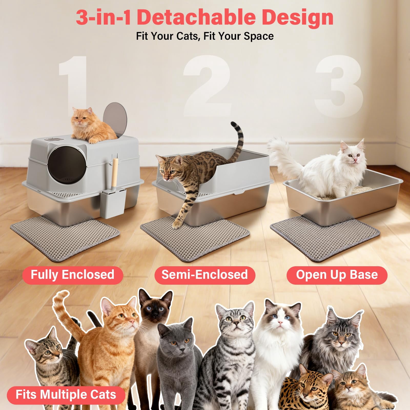 Enclosed Stainless Steel Cat Litter Box With Lid  Xl Large Metal Odor-free/anti-leakage & Non-stick/easy Clean High Sided Mat Scoop For Big Cats