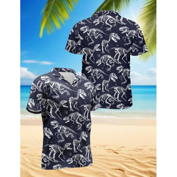 Dinosaur Skeleton Hawaiian Shirt for Men, Button Down Summer Beach Short Sleeve, Vintage Style, Sizes S-5XL