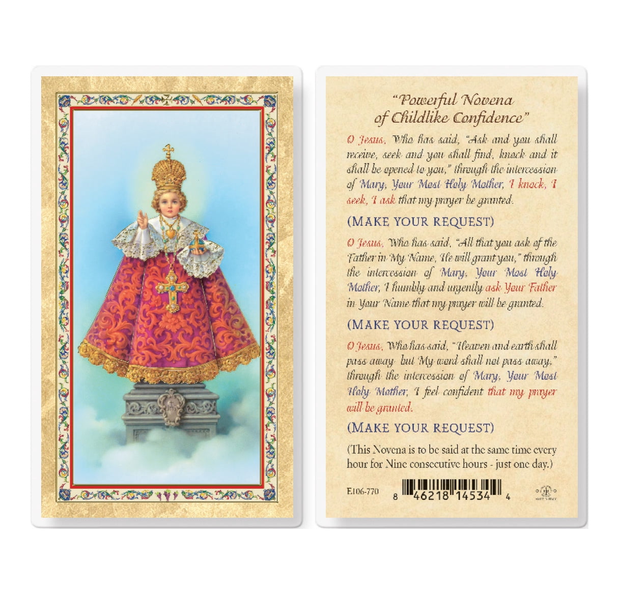 Infant of Prague Novena Prayer GoldStamped Laminated Catholic Prayer Holy Card with Prayer on